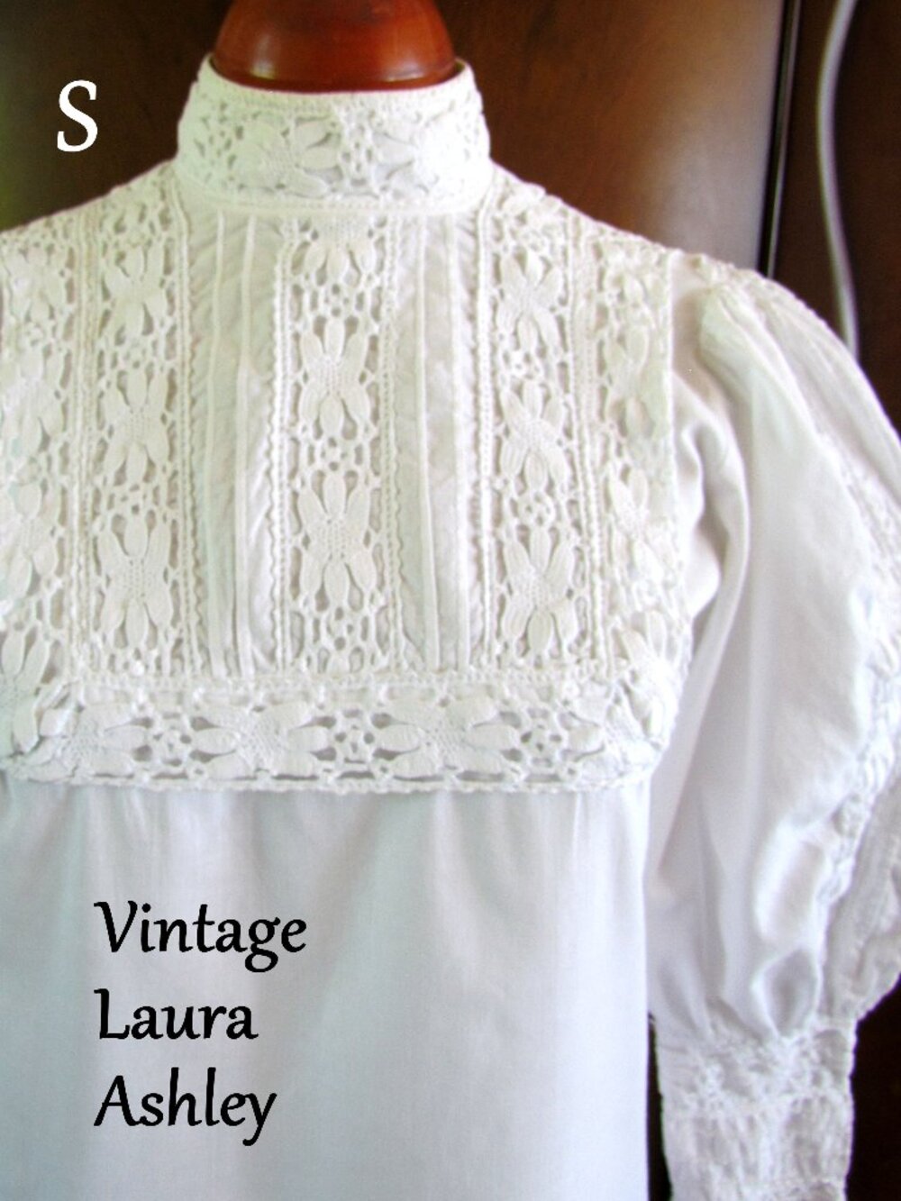 LAURA ASHLEY VICTORIAN BLOUSE, S, VINTAGE COTTON LACE, GIBSON GIRL PUFFED SLEEVE